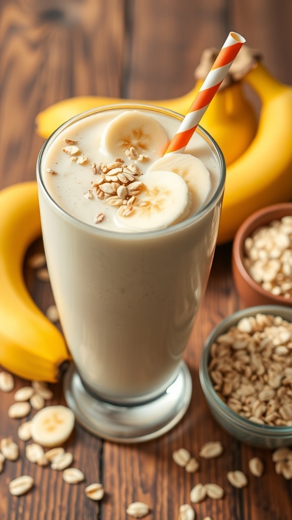 A glass of banana oatmeal smoothie topped with banana slices and oats on a wooden table.